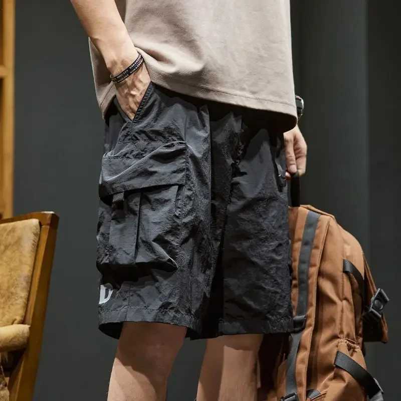 Elastic Waist Multi Pocket Solid with Drawstring Mens Cargo Shorts Loose Baggy Short Pants for Men Printed Khaki Wide Half Long W250705