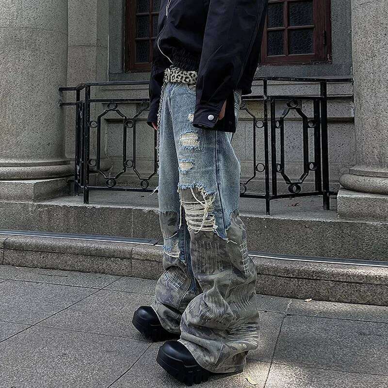 PFNW American High Street Design Camouflage Splicing Destruction Jeans Men's Loose Causal Straightwide Leg Pants Tide 12C1809 250701 250701