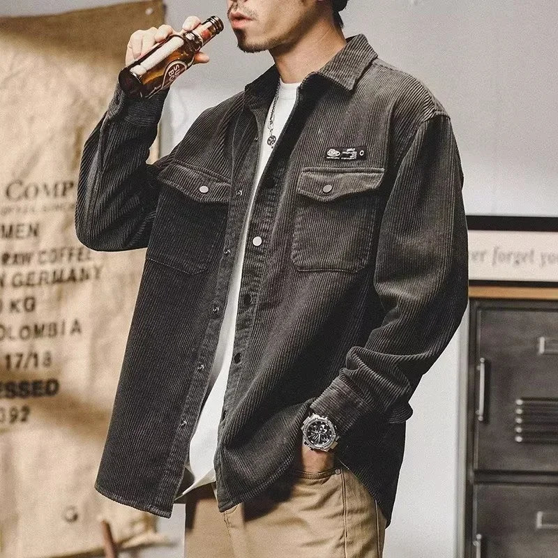 Autumn Long Sleeve Corduroy Shirts Mens Korean Fashion Y2K Vintage Casual Baggy Blouses Appliques Streetwear Cargo Shirt 250704