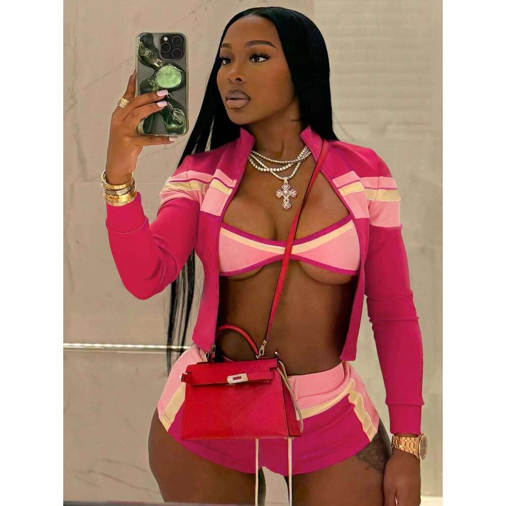 Weird Puss Colorful Print 3 Piece Set Women Tracksuit Casual Zip Crop Tops+Bra+Shirring Shorts Matching Street Stretch Outfits