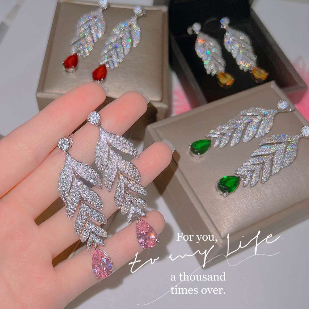 Micro Pave Full Dia Style New Water Colorful Gem Large Leaf Elegant Women's Drop Earrings 953