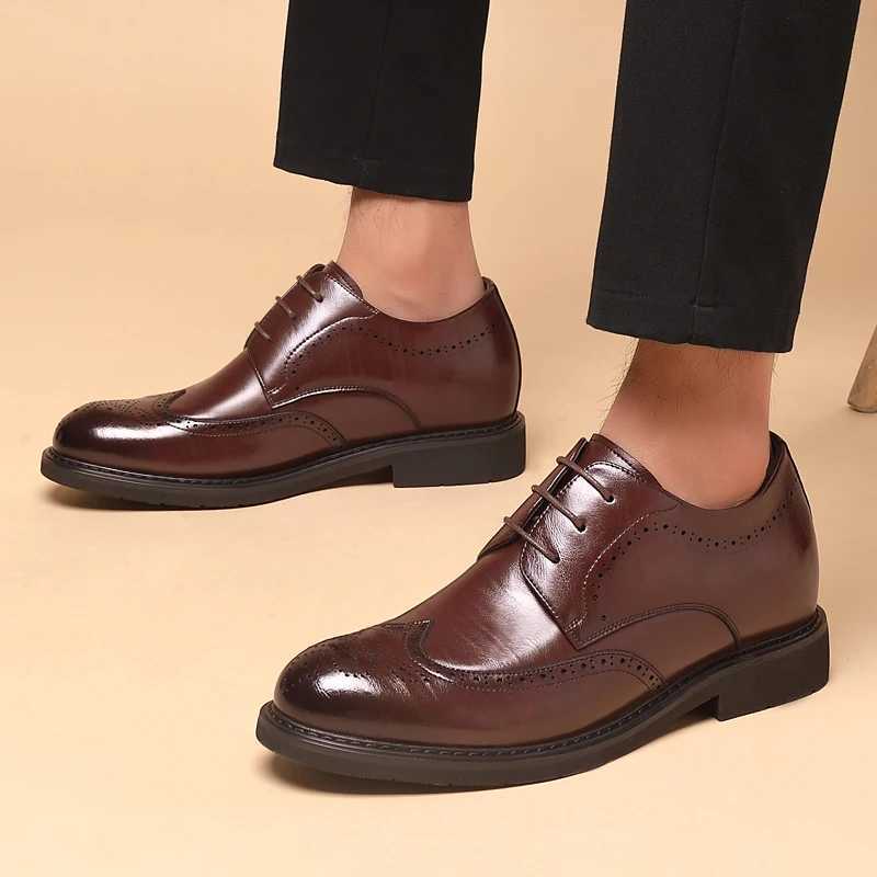 Mens Dress Brogues Elevator Shoes Platform Breathable Casual Business Luxury Genuine Leather Heightening Shoes 6 8CM Taller Man W250705