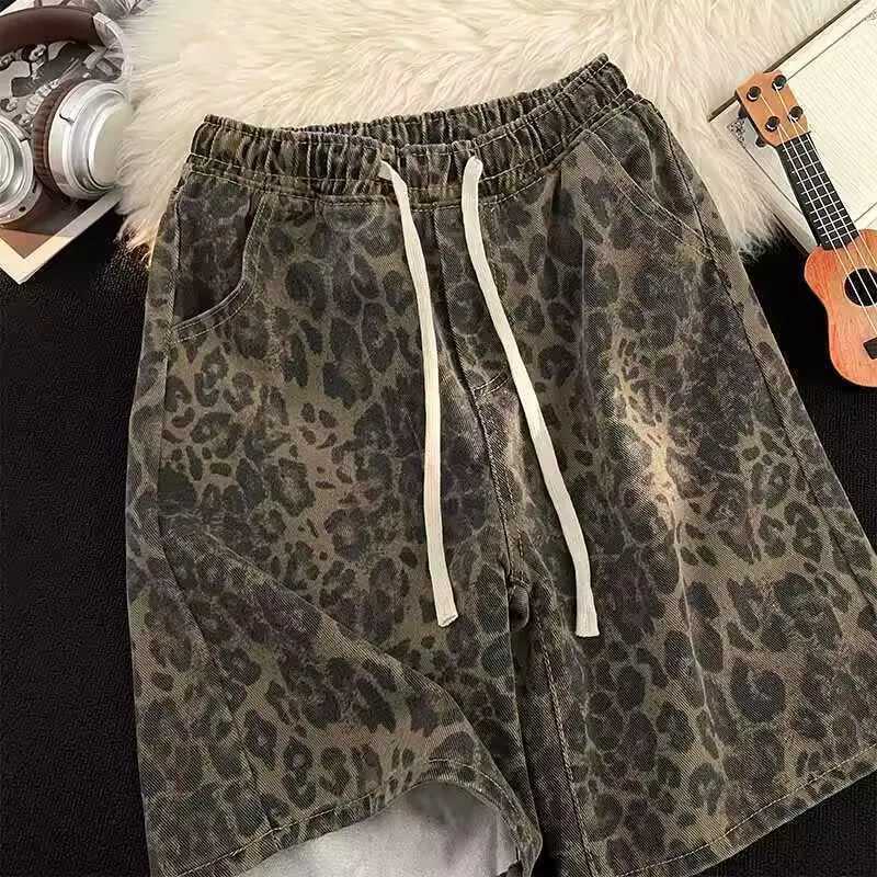 American Retro Leopard Print Casual Shorts Men Trendy Hip-Hop Street Loose Straight-leg Fifth Jeans Drawstring Pocket Shorts W250705