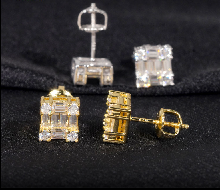 Luxury Jewelry 925 Silver Emerald Cut Moissanite Diamond Bling Special Design Iced Out Square Stud Earrings for Men
