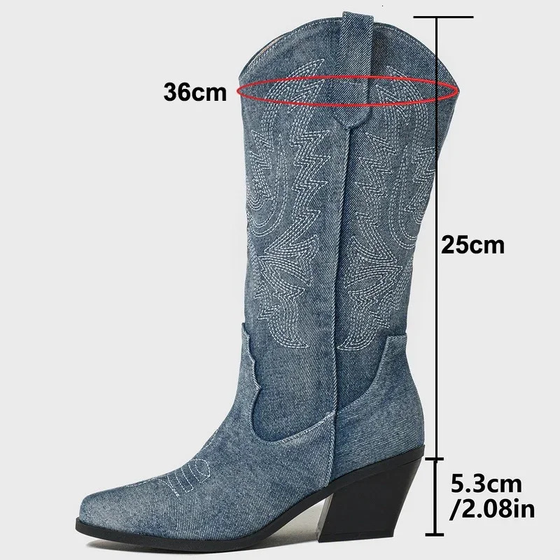 Women Embroidered Western Knight Boots Thick Heel Mid-calf Boots for Office Business Nightclub Party Banquet Zapatos De Mujer 250704