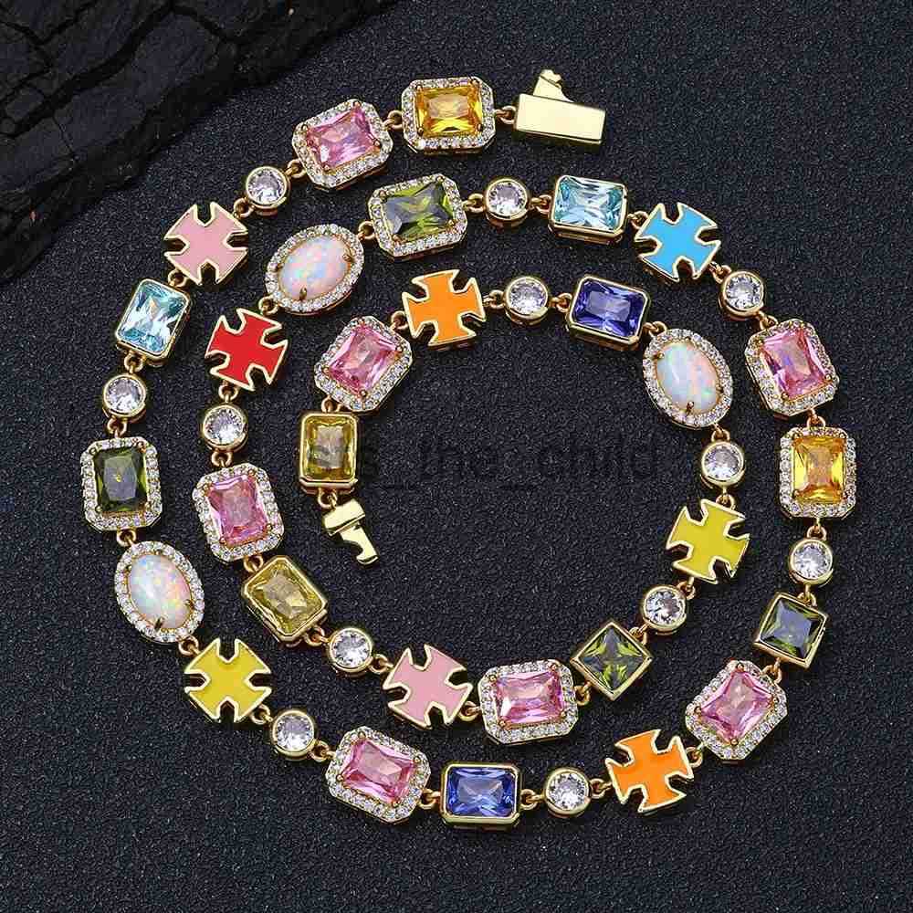 NY Big Gem Necklace 10mm Multicolor Blue/Yellow/Pink Enamel Cross Geometric Gem Motif Iced Out Opal Chain Necklace J250704