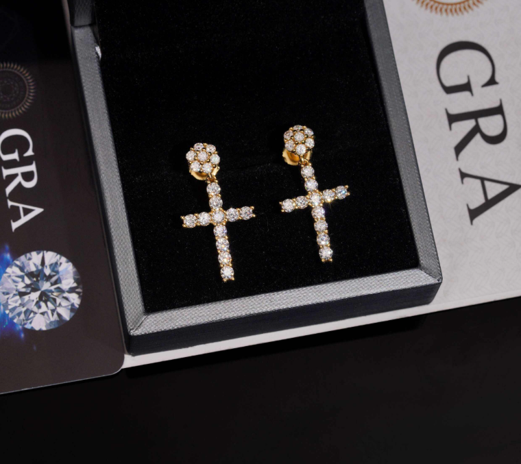 Hot Moissnaite Earring Fine Jewelry 925 Sterling Silver Gold Plated Iced Out VVS Diamond Moissanite Cross Hang Drop Earrings