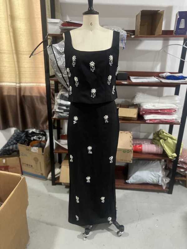 Fashion Evening Dress Women's Sleeveless Square Neck Crystal Embellished Socialite Style Backless Slit Long Dress Set