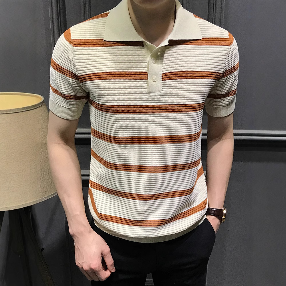 Summer Premium Striped Short Sleeve Polo Shirt Men Fashion Versatile Slim Designer Short Sleeves Fit Turn-down Collar T-shirt Trendy Business Cool Tee