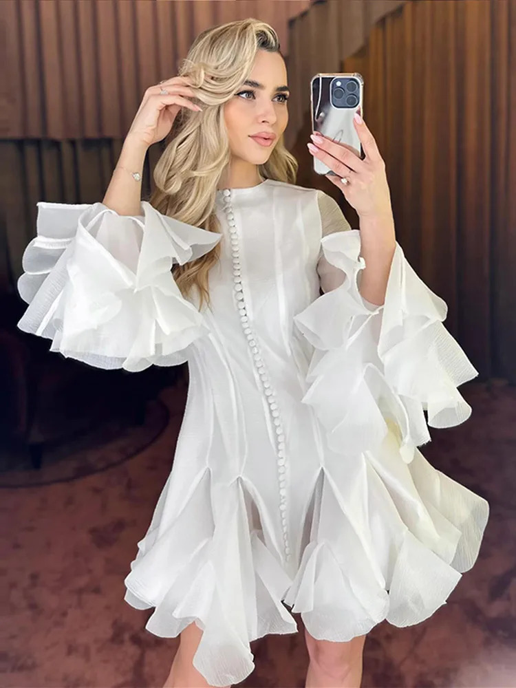 Puffy Flared Long Sleeve Dress Waist Cinched Round Neck Big Skirt Hem Party Gown French Slim Fit Fairy Short Dresses Summer 250704