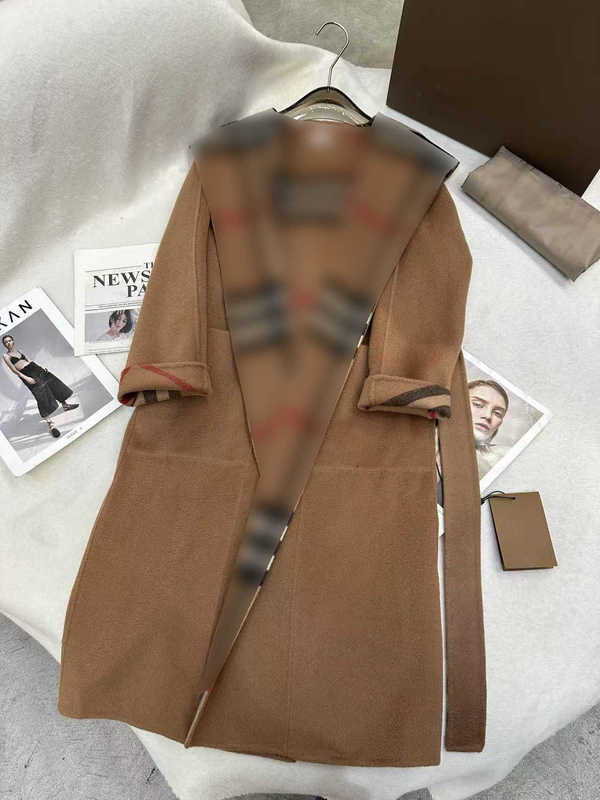 Women's Wool & Blends Designer jackets 2025 New Classic Camel Shawl Double-Sided Plaid Hooded Water Ripple 100% Coat Woolen Cardigan for Women