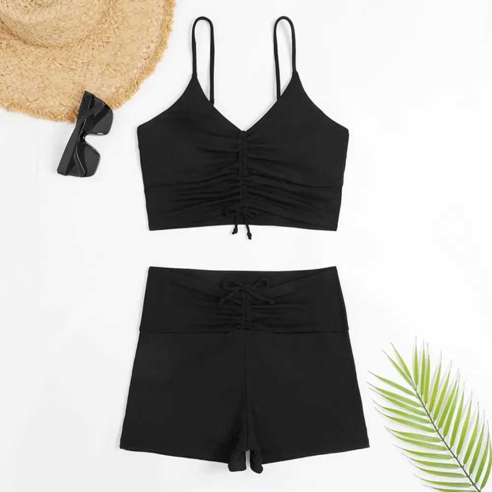 2 Pcs/Set Women Bikini Set Flower Print V Neck High Waist Drawstring Elastic Swimming Pleated Lady Swimsuit Water Sports Clothes XJ250624