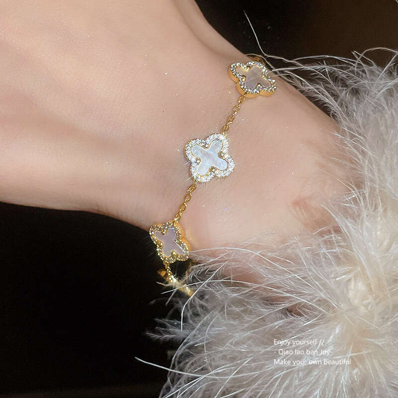 designer bracelet Real Gold Plated Zircon Rhombus Flower Mother-of-Pearl Bracelet Light High-End Feel Korean Version Ins Niche Jewelry for Women
