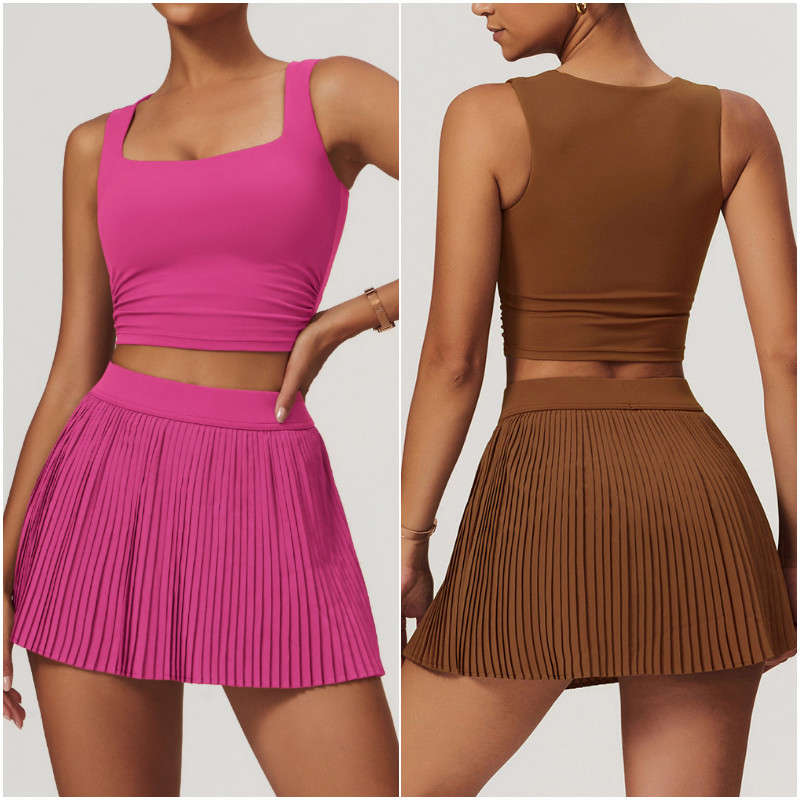 8782 Womens Yoga Outfit Yoga Sets Skirts Vest Tennis Sport Running Skirt Elastic High Waist Sportwear Lined Breathable U Collar With Pad