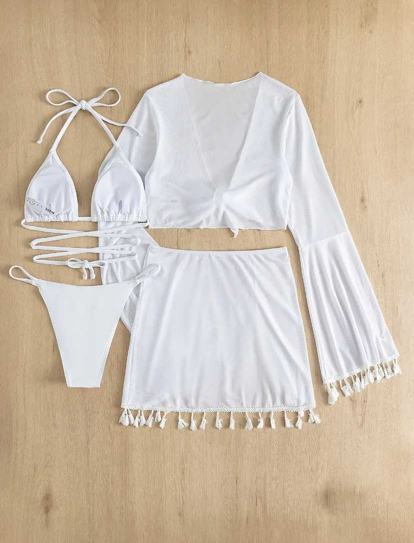 Four Pieces Swimsuit Bikini Set Cover Up For Women Halter Padded Bra Bathing Suit Long Sleeve Strappy Tassel Sarongs Beachwear XJ250624