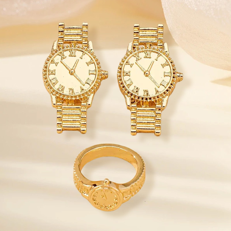 Minimalist Gold Yellow Jewelry Set Earrings Pair Ring 1 Piece Women's Light High-End Quartz Watch Design