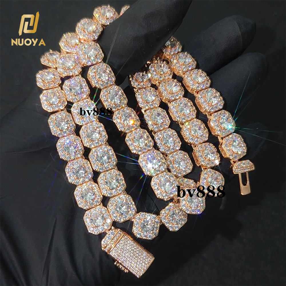 Hip Hop Jewelry 10/12mm Rose Gold Plated Clustered Tennis Chain Necklace Bling Iced Out Moissanite Choker Necklaces for Women