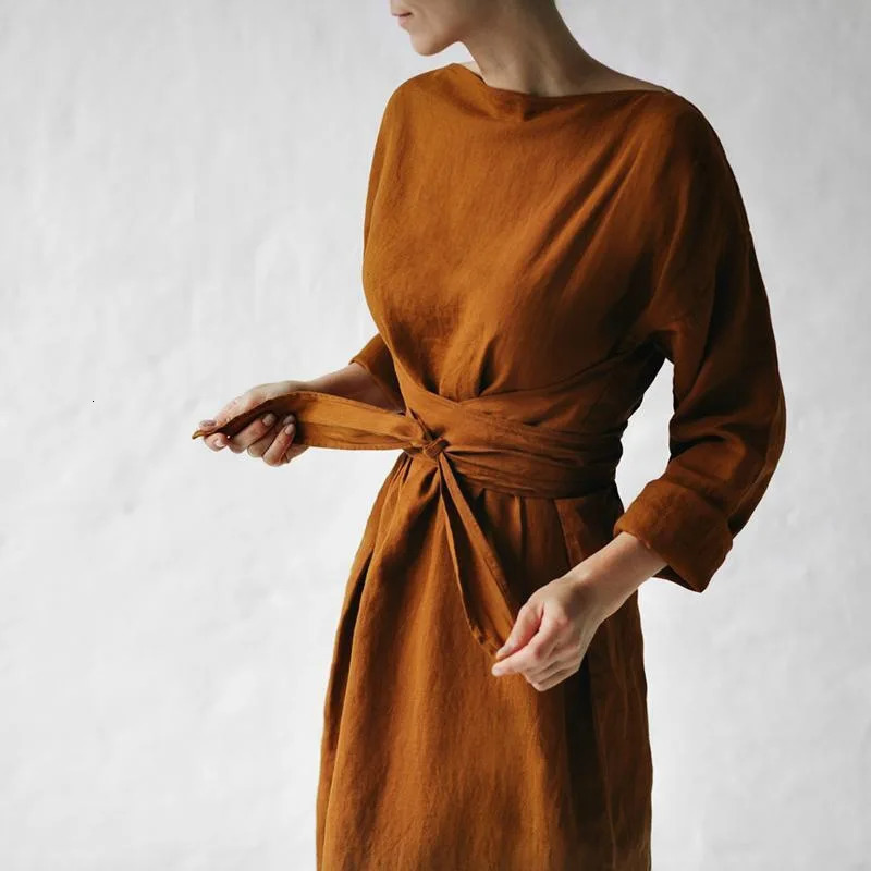 Women Elegance Audrey Hepburn Style Round Neck 34 Puff Sleeve Swing Maxi Dress Long Belt Dresses with Pockets 250704