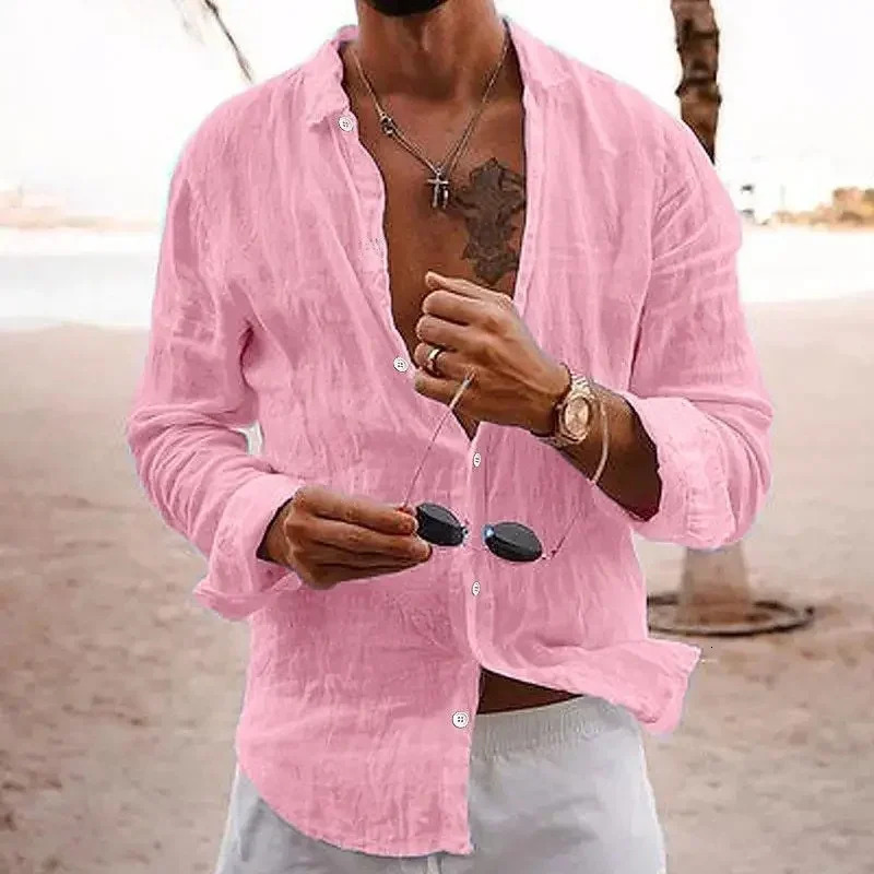 2025 SpringAutumn Style Loose Long Sleeve Linen Comfortable Mens Shirt Solid Color Turn-Down Collar Casual British Style 250704