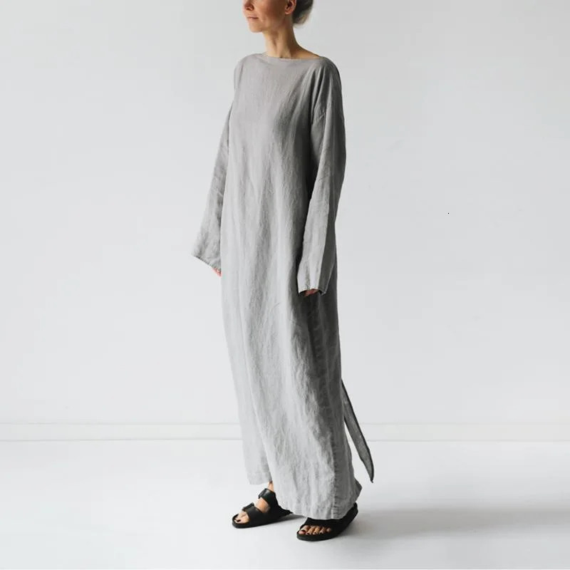 Women Elegance Audrey Hepburn Style Round Neck 34 Puff Sleeve Swing Maxi Dress Long Belt Dresses with Pockets 250704
