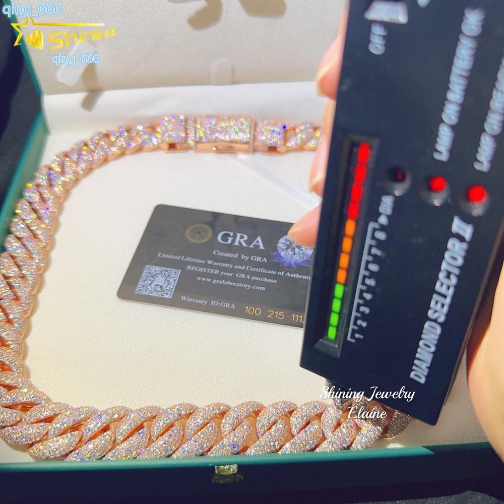 Pass Diamond Tester Vvs Moissanite Diamond 18MM Chain 925 Sterling Silver Iced Out Rose Gold Plated Cuban Link Chain