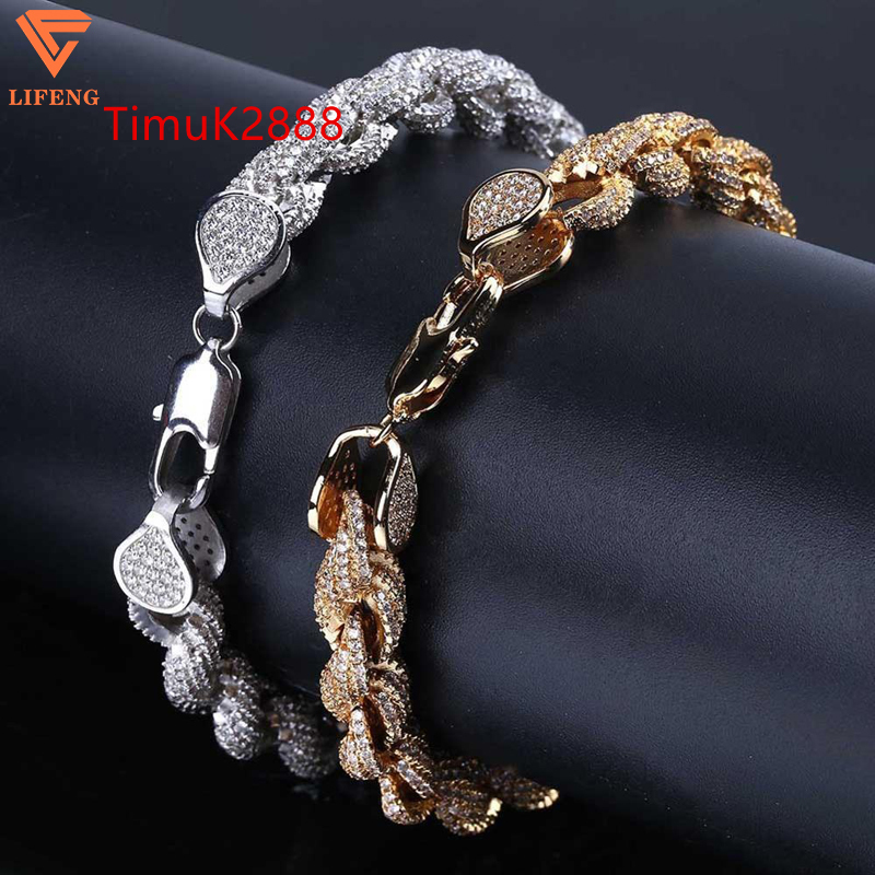 Custom Hip Hop Fine Bracelets Bangles Rope Chain VVS Moissanite Diamond Iced Out 925 Silver Rope Chain Bracelet for Men