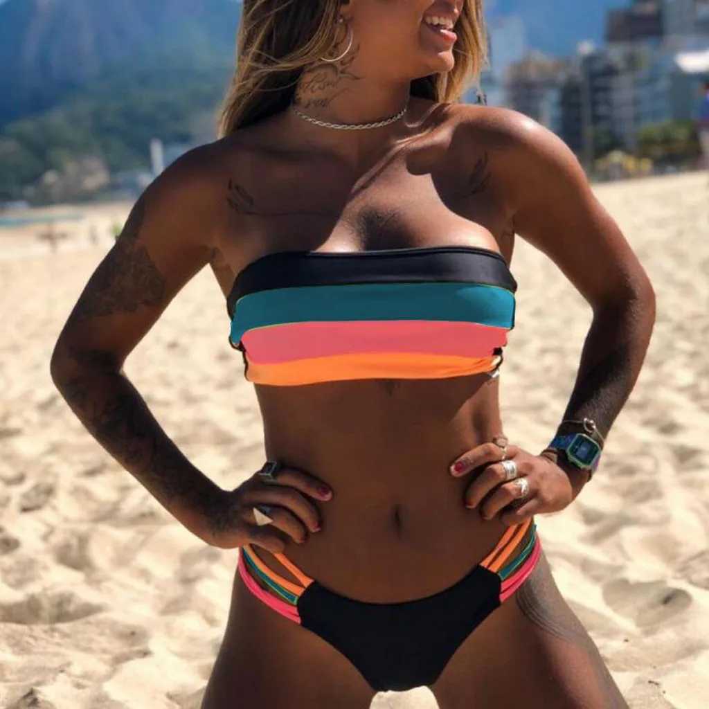 Strapless Bikini Sets Women Swimwear Push-Up Padded Bra Bathing Beachwear Female Colored Stripes Bikini Set Bathing Suit 2024 XJ250624