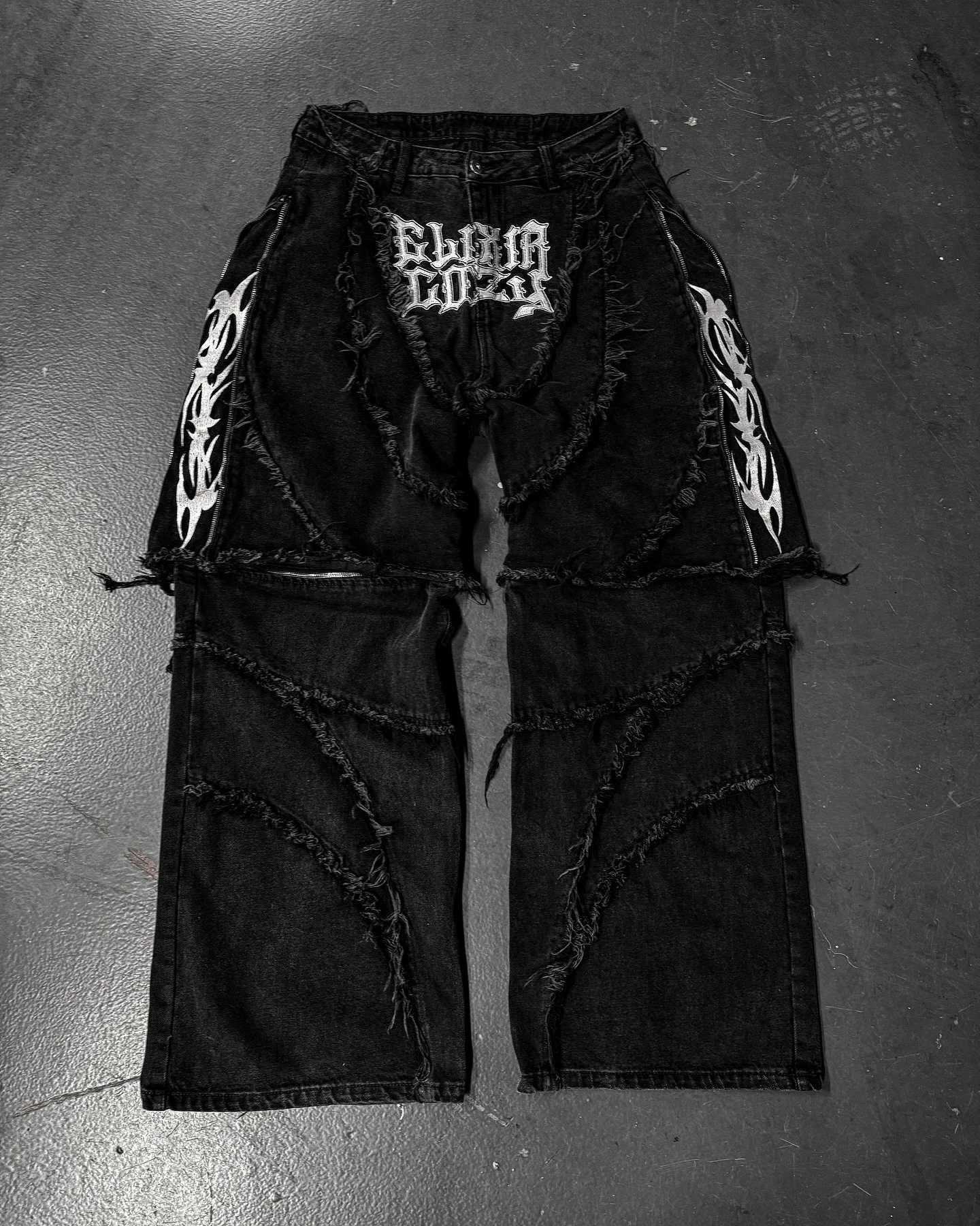 Elixir X Cozy Detachable Jeans Retro Punk Streetwear Ziipper Patchwork Stripe Denim Pants Men Black Baggy Hip Hop Splicing Jeans z250705EGE8