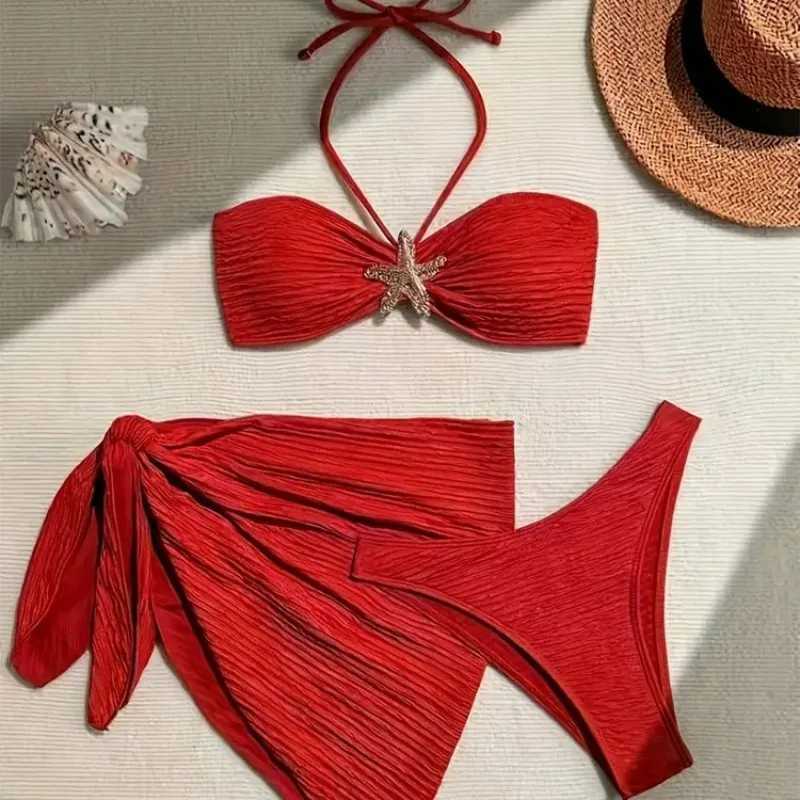 Two-piece swimsuits with a feminine touch off-the-shoulder style and a popular three-piece bikini swimsuit for women XJ250624