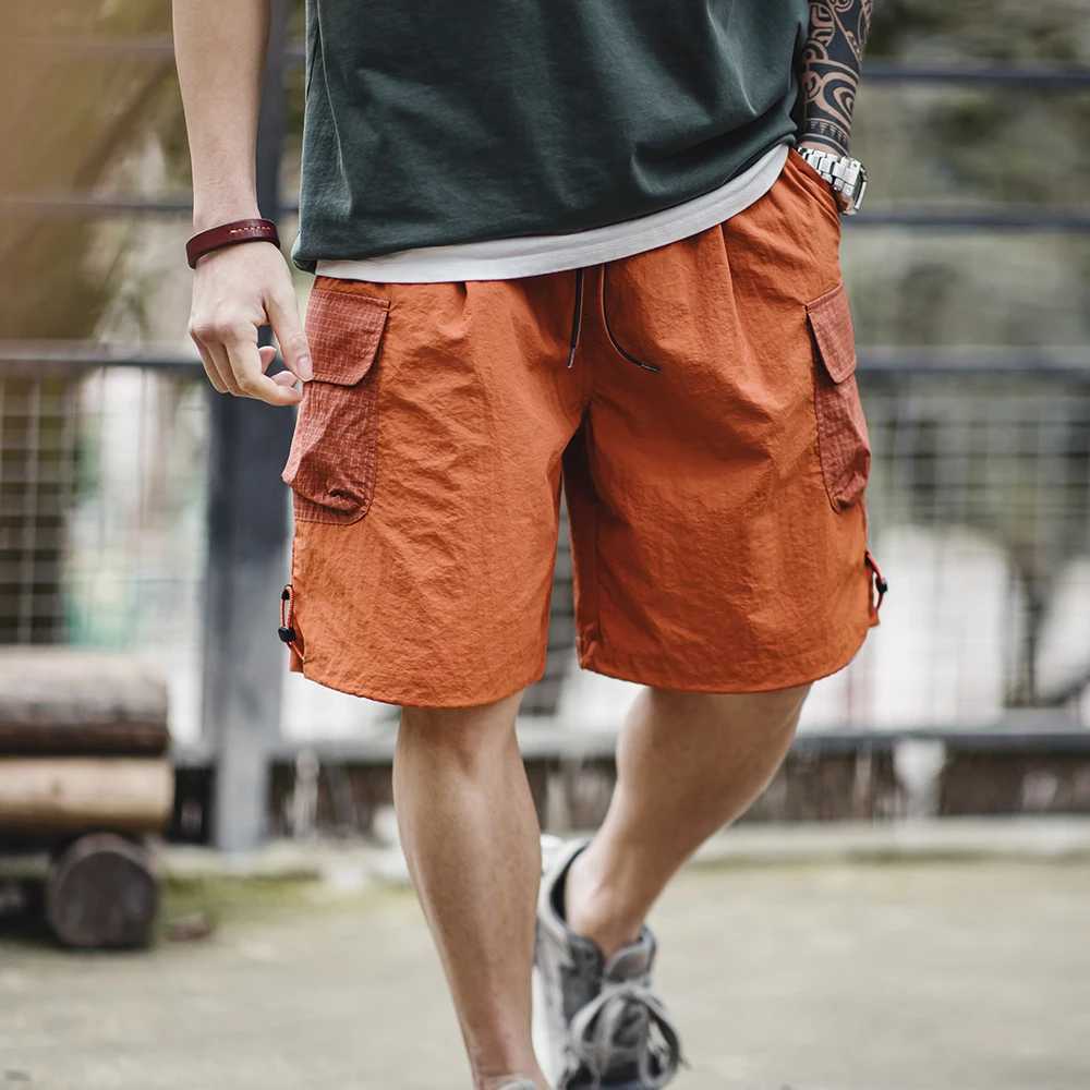 Madon Summer Men Straight Shorts Orange Patchwork Gingham Loose Beach Pants Plus Size Shorts Elastic Waist Light Breathable W250705