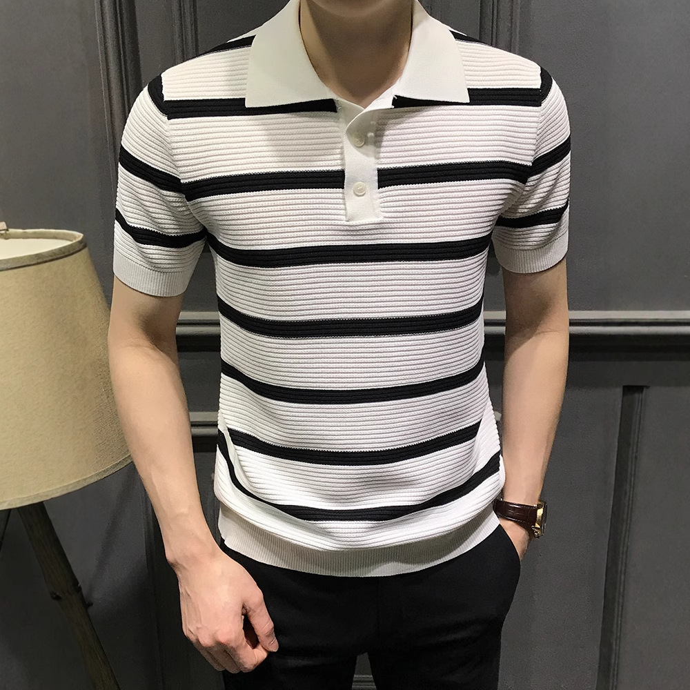 Summer Premium Striped Short Sleeve Polo Shirt Men Fashion Versatile Slim Designer Short Sleeves Fit Turn-down Collar T-shirt Trendy Business Cool Tee