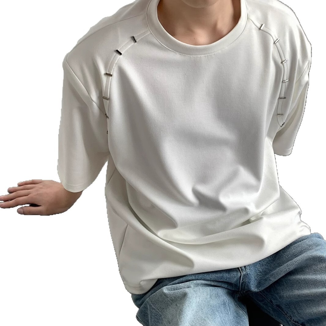 Designer Short Sleeves Summer Korean Version Loose Heavyweight No Shoulder Pad Short Sleeve T-shirt Metal Design Sense Half Sleeve Base Shirt Niche Un