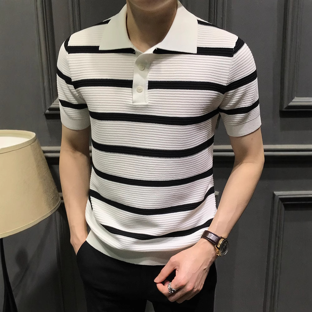 Summer Premium Striped Short Sleeve Polo Shirt Men Fashion Versatile Slim Designer Short Sleeves Fit Turn-down Collar T-shirt Trendy Business Cool Tee