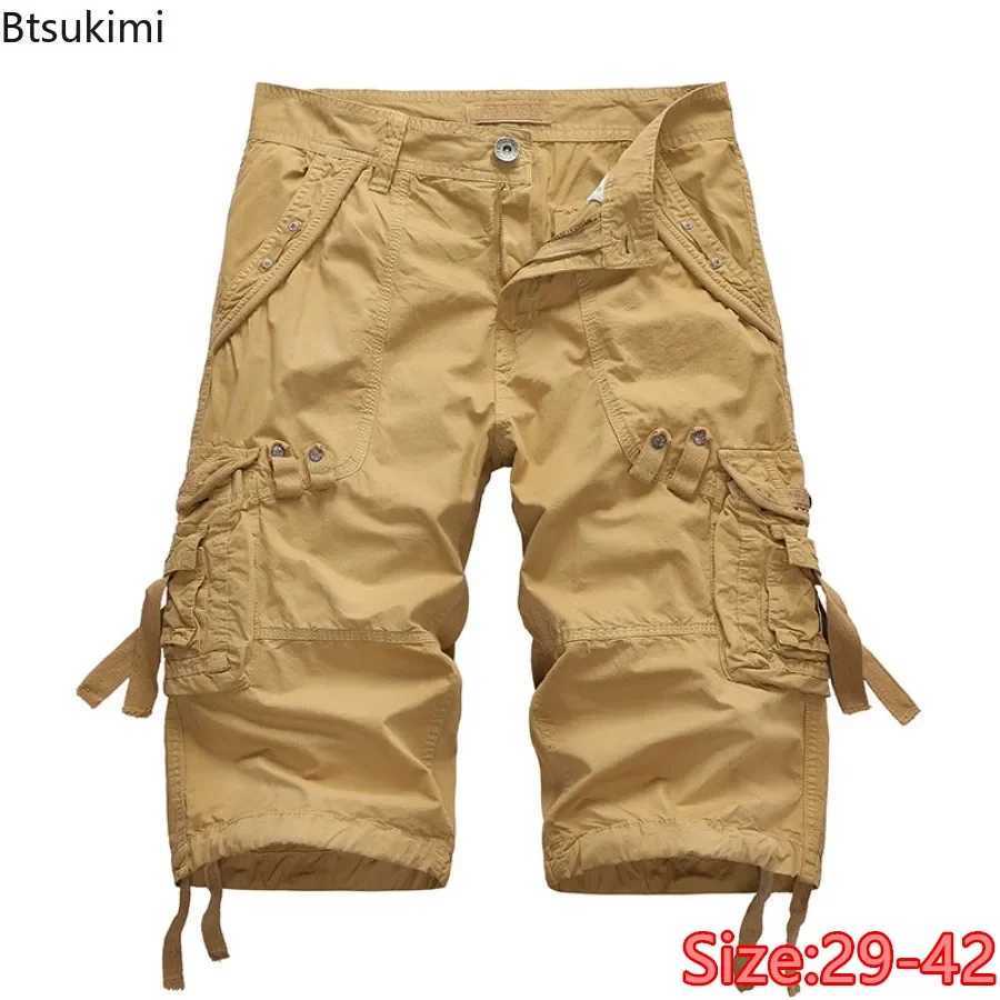 2025 New Mens Loose Multi-pocket Cargo Pants 100% Cotton Washed Capris Fashion Casual Shorts Summer Tooling Shorts Plus Size 42 W250705