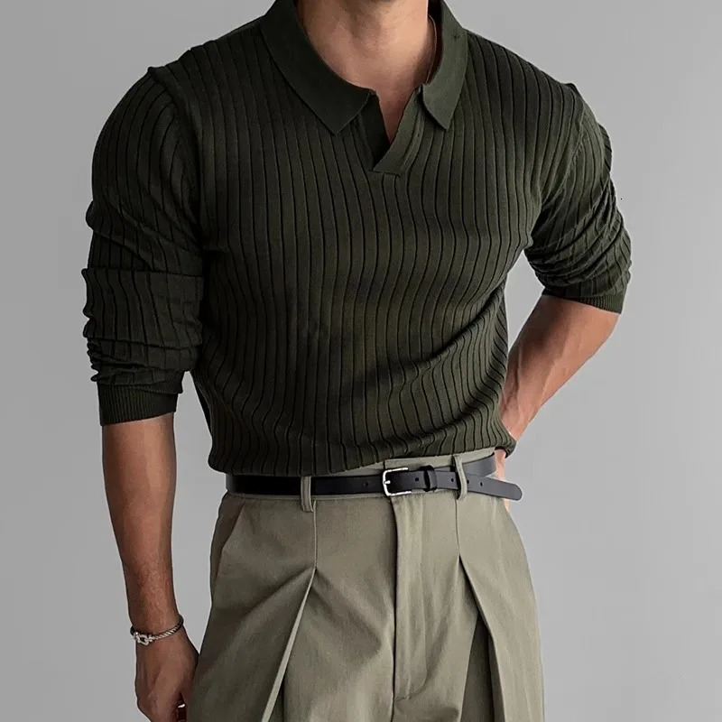 Spring Mens Clothing Retro Knit Lapel Striped Polo Shirt Solid Color Long Sleeve Fashion Light Knitwear 3Xl 250704