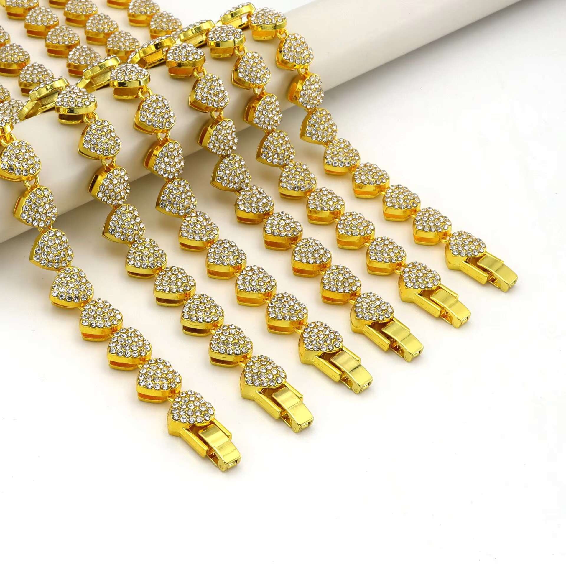 Double Layered Diamond Inlaid Alloy Rhinestone Women Vintage Heart Iced Out Gold 10mm Cuban Link Chain 10mm Necklace