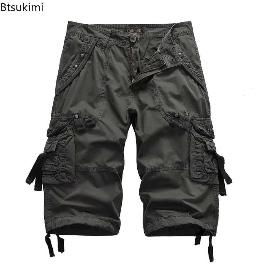 2025 New Mens Loose Multi-pocket Cargo Pants 100% Cotton Washed Capris Fashion Casual Shorts Summer Tooling Shorts Plus Size 42 W250705