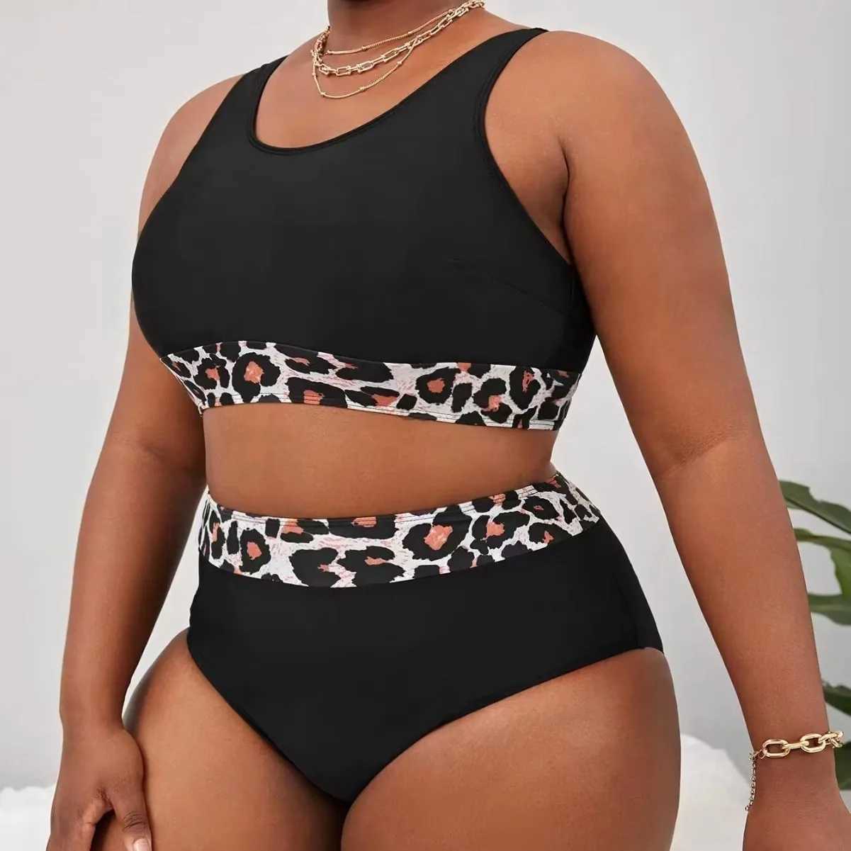 Plus Size 4XL Leopard Print Bikini Set Black Two-Piece High Waisted Swimsuit for Women Tummy Control Bathing Suit Swimsuit XJ250624