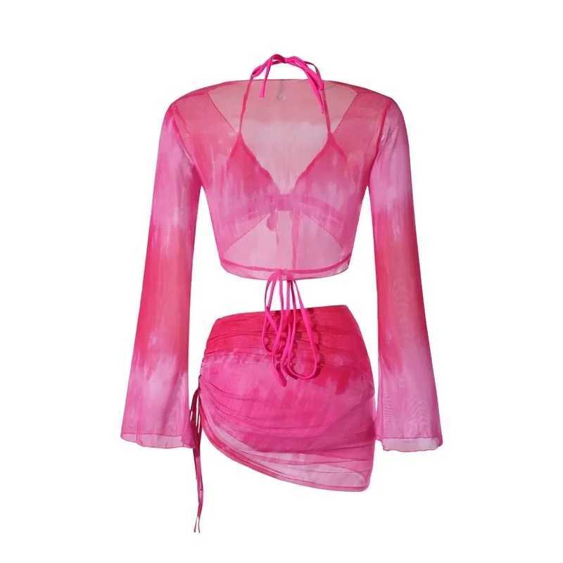 4 Piece Bikini Set Women Blue Tie Dye Mesh Long Sleeve Cover Up with Pleated Skirt Swimsuit Beach Bathing Suit Swimwear XJ250624