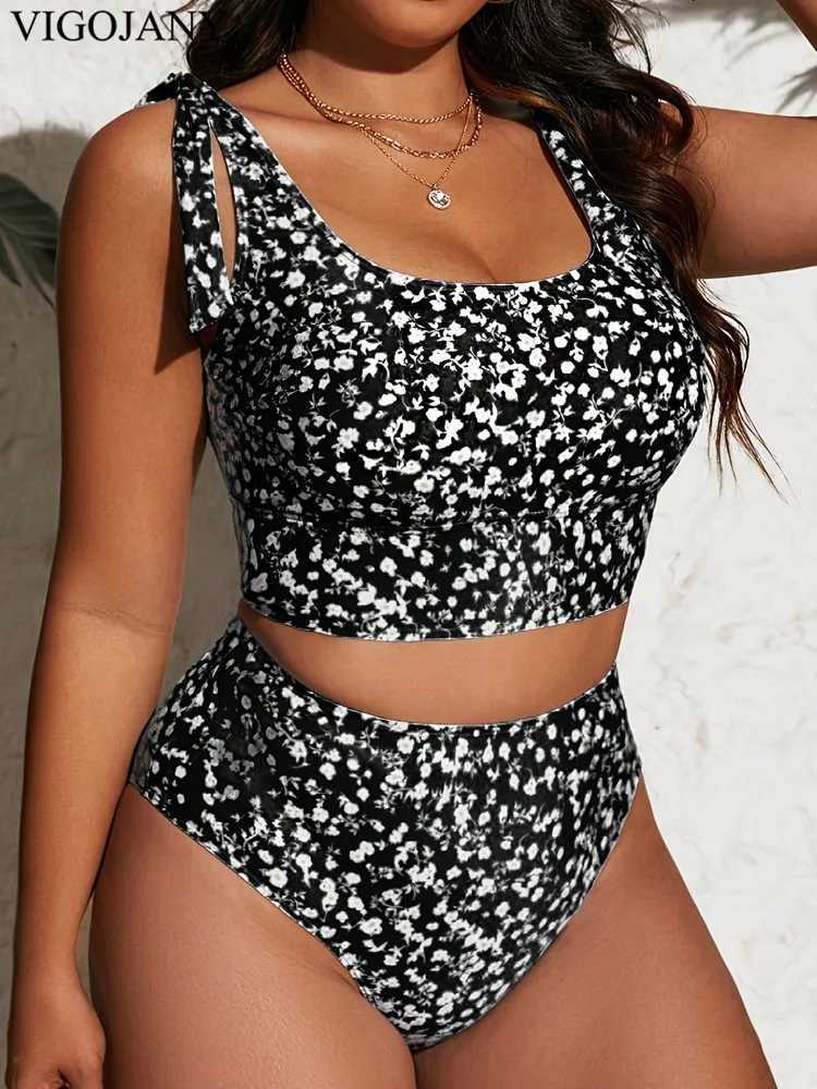 VigoJany 2025 Lady Print 2 Piece Plus Size Bikini Set Women Tied Strapped Push UP Swimsuit High Waist Beach Chubby Bathing Suit XJ250624