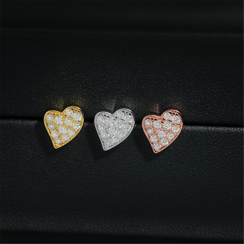 Special Design Sterling Silver Peach Heart White Rose Gold Small Stud Earrings Mini Heart Pave Moissanite Diamond Stud Earrings
