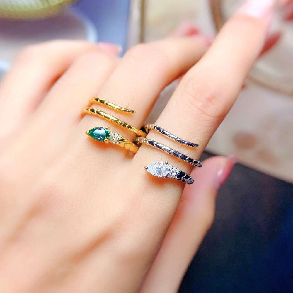New Luxury Imitation Moissanite Water Drop for Women, Ring, Fashionable and Unique Versatile Wrapped Snake Open Ring a48