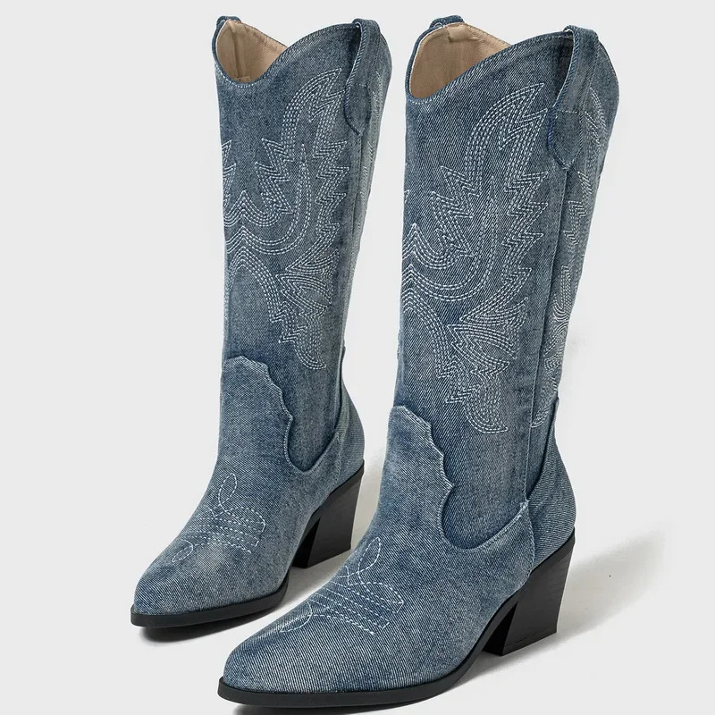Women Embroidered Western Knight Boots Thick Heel Mid-calf Boots for Office Business Nightclub Party Banquet Zapatos De Mujer 250704