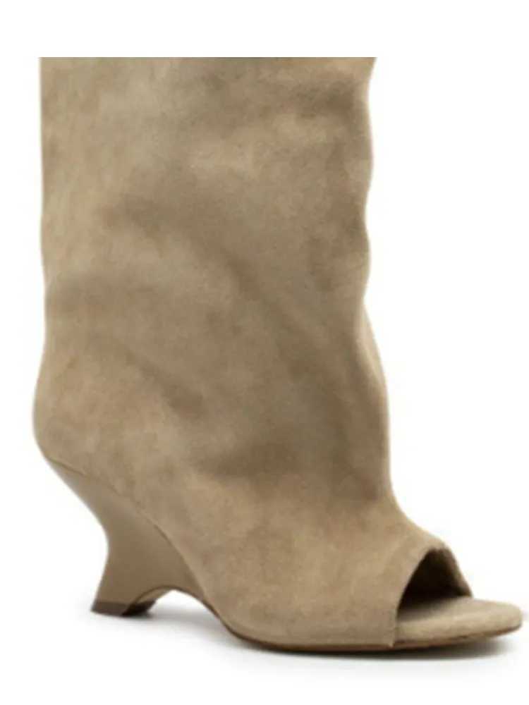 2025 Womens Fish Mouth Thick High Heels Knee Length Cool Boots Slant Heel Fashion Show Large Size Spring/Summer Womens Boots Z250704