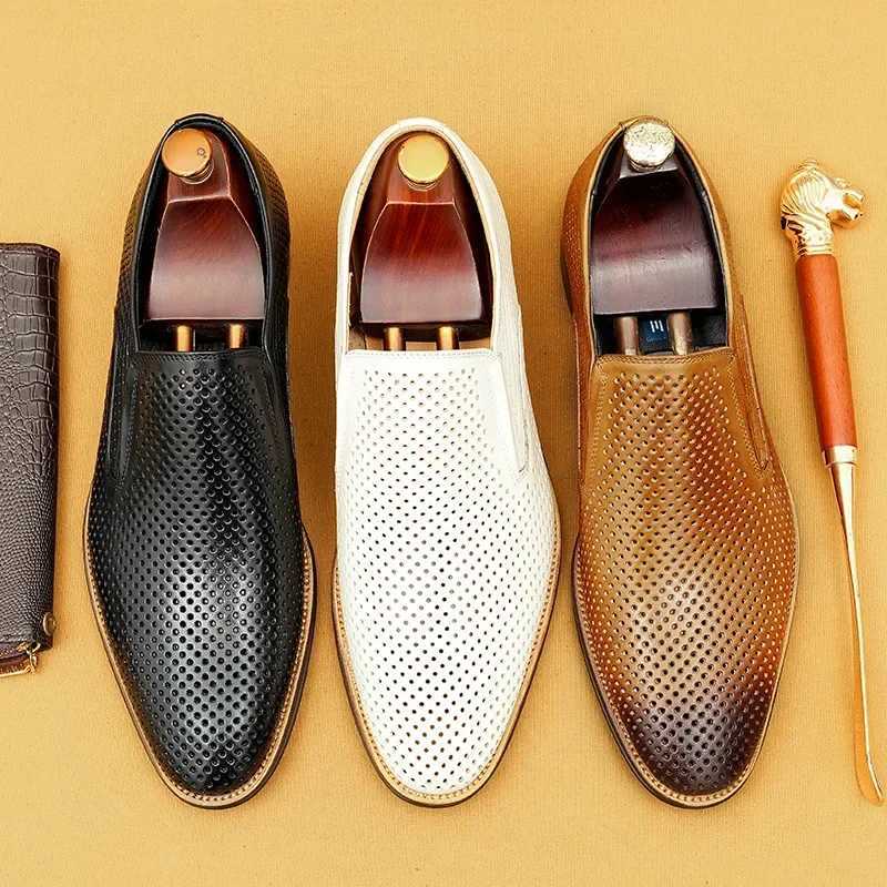 Mens Summer Breathable Dress Shoes Luxury Genuine Leather 2024 Designer Hollow British Style Black Wedding Shoes Loafers for Men W250705