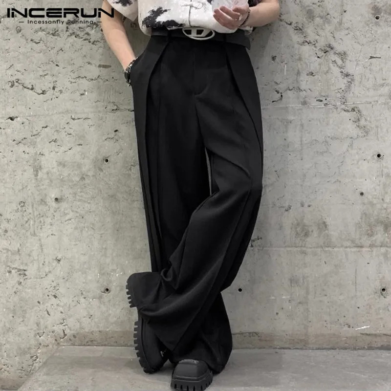 INCERUN Korean Style Mens Trousers Personality Cutting Wide Leg Pantalons Solid Leisure Streetwear Long Pants S-5XL 250704