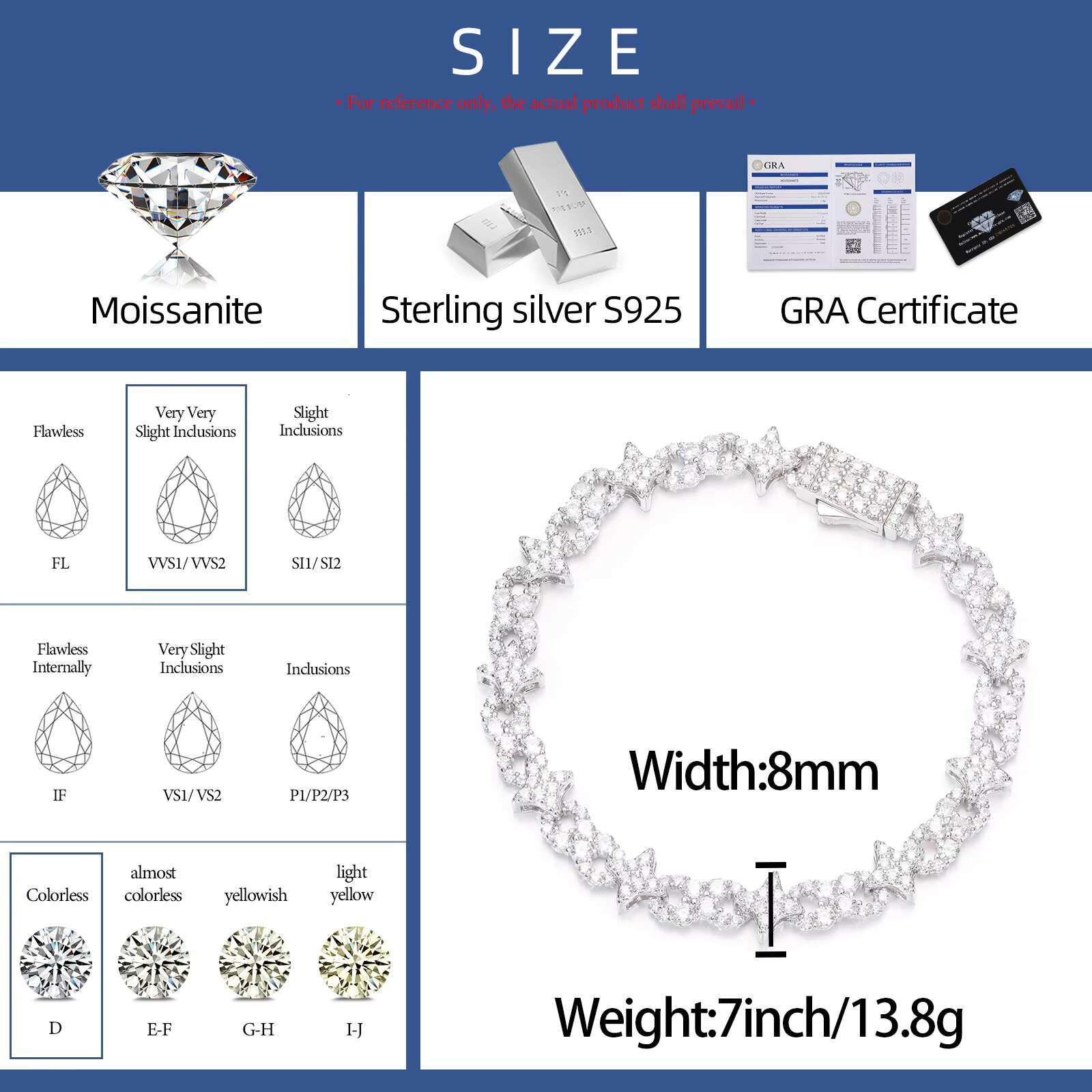 8mm 925 Sterling Silver VVS Moissanite Iced Out Infinity Star Link Bracelet for Men Fashion Daity Jewelry Pass Diamond Tester