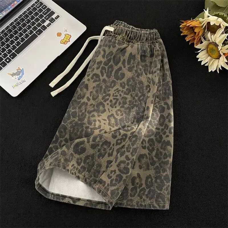 American Retro Leopard Print Casual Shorts Men Trendy Hip-Hop Street Loose Straight-leg Fifth Jeans Drawstring Pocket Shorts W250705