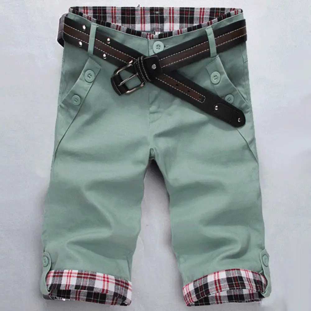 Summer Beach Casual Men Plaid Patchwork Turn Up Cuff Shorts Fifth Pants Trousers Fashion Men Shorts Casual Slim Fit Plaid Shorts W250705