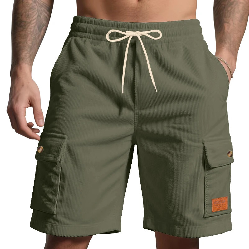 High-Quality Corduroy Solid-Colored Shorts For Men In Summer Casual Shorts With Leather Labels And Trendy Beach Sports Shorts 250704